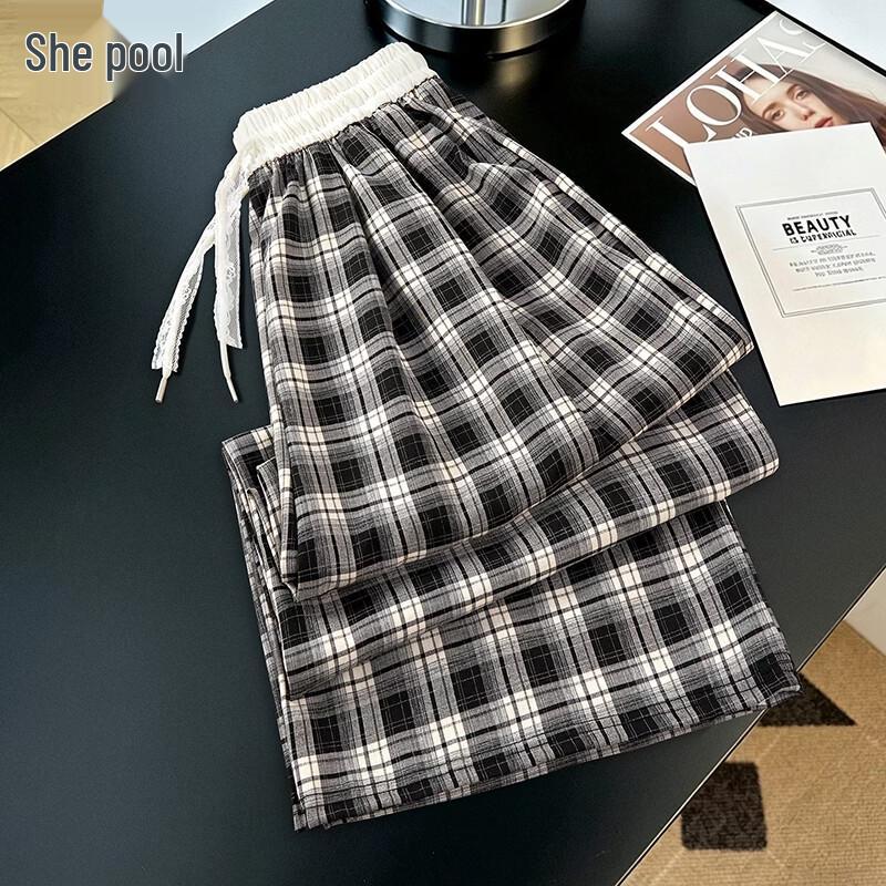 Tachpool Women s Retro Plaid Wide-Leg Casual Pants S