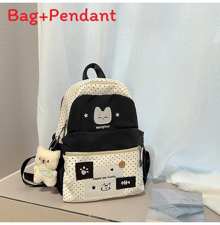 

Cute Cat Dot Backpack For High School Girls Nylon School Bag Black Small