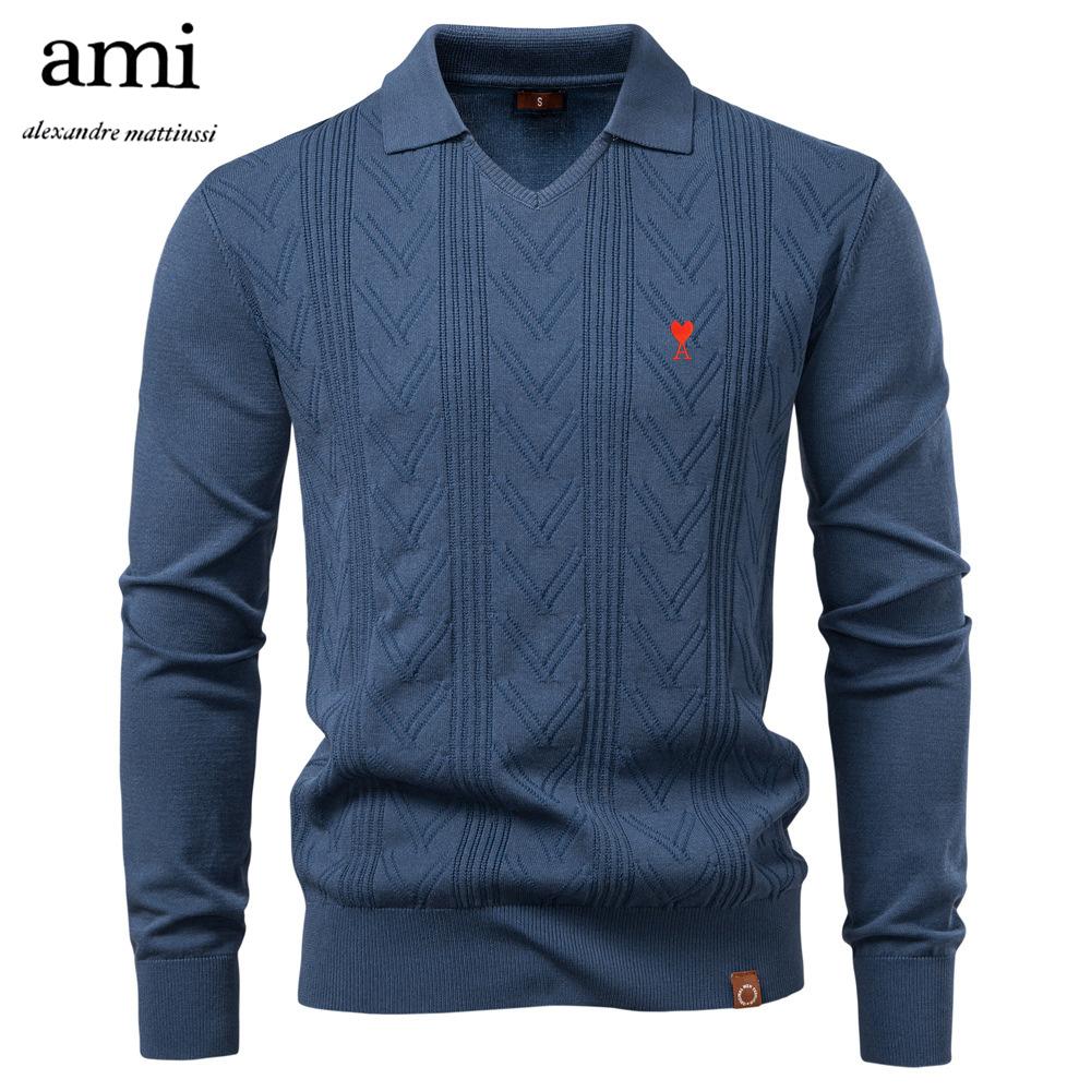 AMI 2025 2025 Herbst und Winter Neuer Stickerei Herren Jacquard-Pullover Herren Pullover Einfarbig V-Ausschnitt Strickpullover Herren
