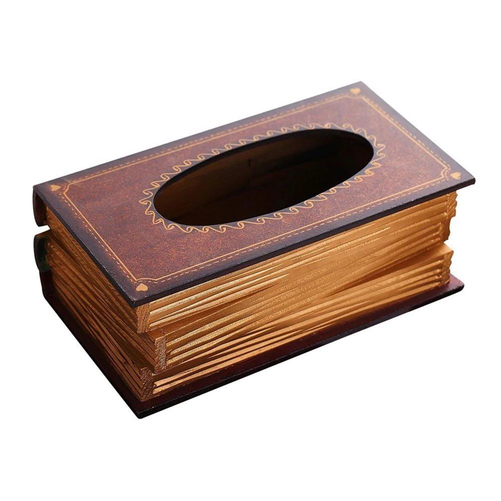 Book Shaped Vintage Tissue Box Cover Artistical Wooden Paper Extraction Box Creative Tissue Organizer Box for Home Decor