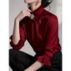 Women ruffled stand collar satin three quarter sleeve shirt multi color slim fit rhinestone pearl brooch office elegant blouse