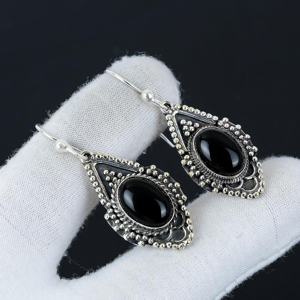 Natural Black Onyx Gemstone Earrings, 925 Sterling Silver Earring, Handmade Boho Silver Jewelry Dangle Earrings, Wadding Gifts