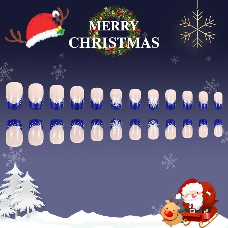 Winter Christmas Short Square False Nails Set with Snowflake Full Cover Glossy Finish Manicure Nail Decoration 24Pcs
