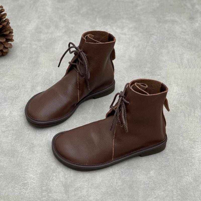 Johnature Krátké kozačky z retro pravé kůže Ležérní s kulatou špičkou Všestranné Jednobarevné Dámské měkké boty z hovězí kůže s měkkou podrážkou