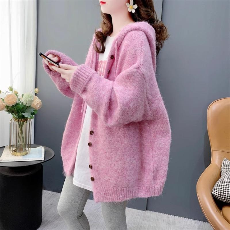 Loose Lazy Wind Solid Color Hooded Sweater Jacket Women's Autumn and Winter New Versatile Knitted Cardigan