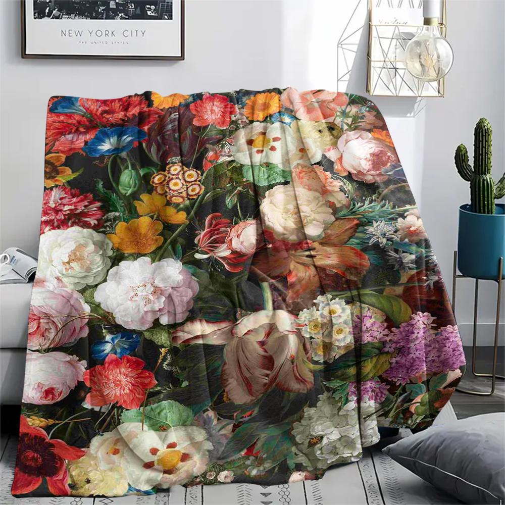 1Pc Vintage Floral Bird Print Flannel Blanket, High quality Comfortable for All Seasons, Home Decor, Warmth and Comfort, Perfect for Gifts