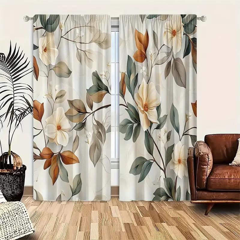 Elegant Floral Print Curtain Polyester Fabric Living Room Holiday Window Decor Style Curtains Set Of 2 Made With Rod Pocket Great