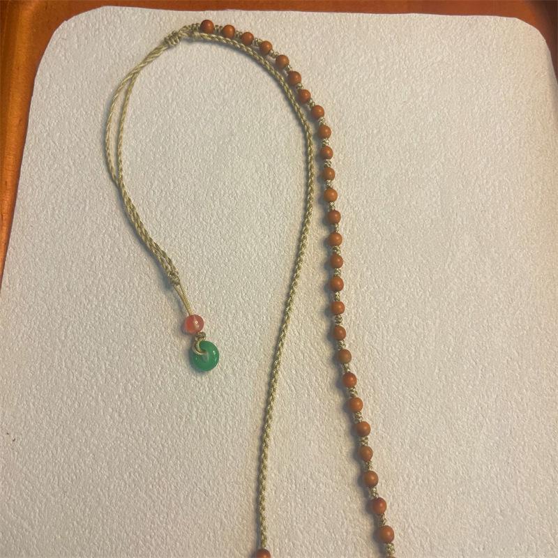 Hand-Woven Olive Pit & Dzi Bead Necklace with Adjustable Ethnic-Style Pendant Lanyard
