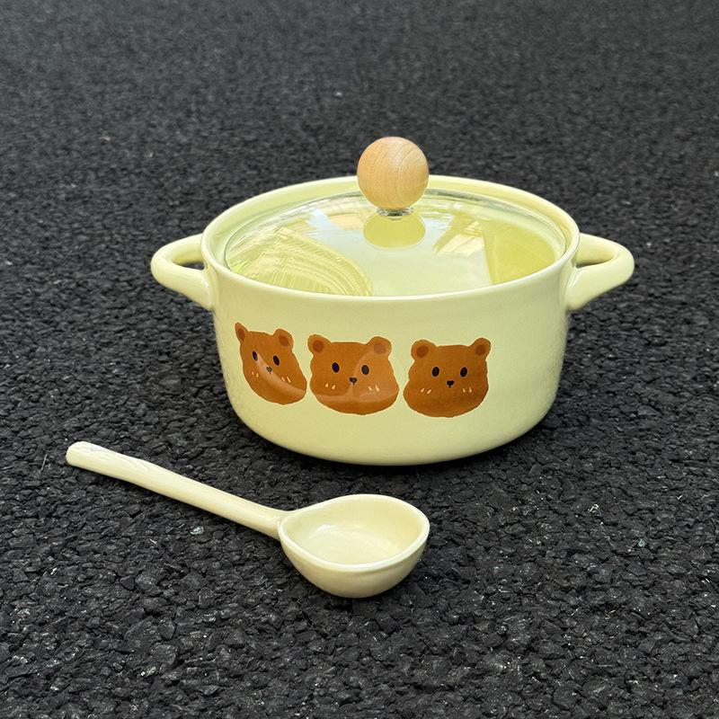 Ins Cream Wind Bear Ceramic Instant Noodle Bowl Student Dormitory Instant Noodle Bowl for Girls Birthday Gift