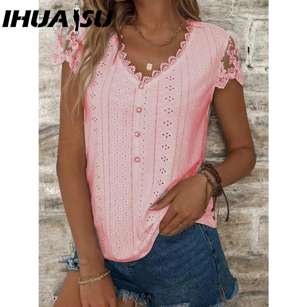IHUASU Women's Fashion Casual Solid Color Print Short Sleeve V Neck Blouses & Shirts