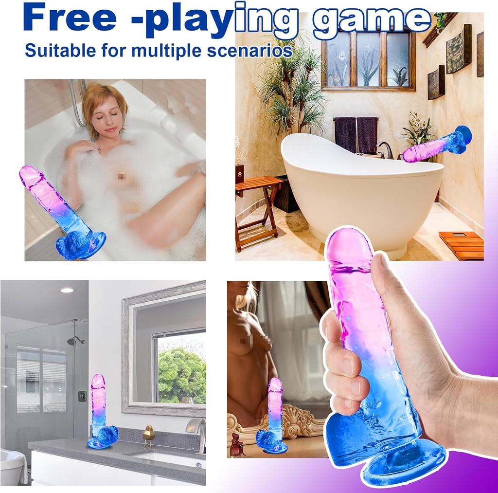 Blue Purple Gradient Dildo Transparent Silicone Simulation Dildo Strong Suction Cups for Two-handed Play Elastic Soft Dildo Female Sex Toys
