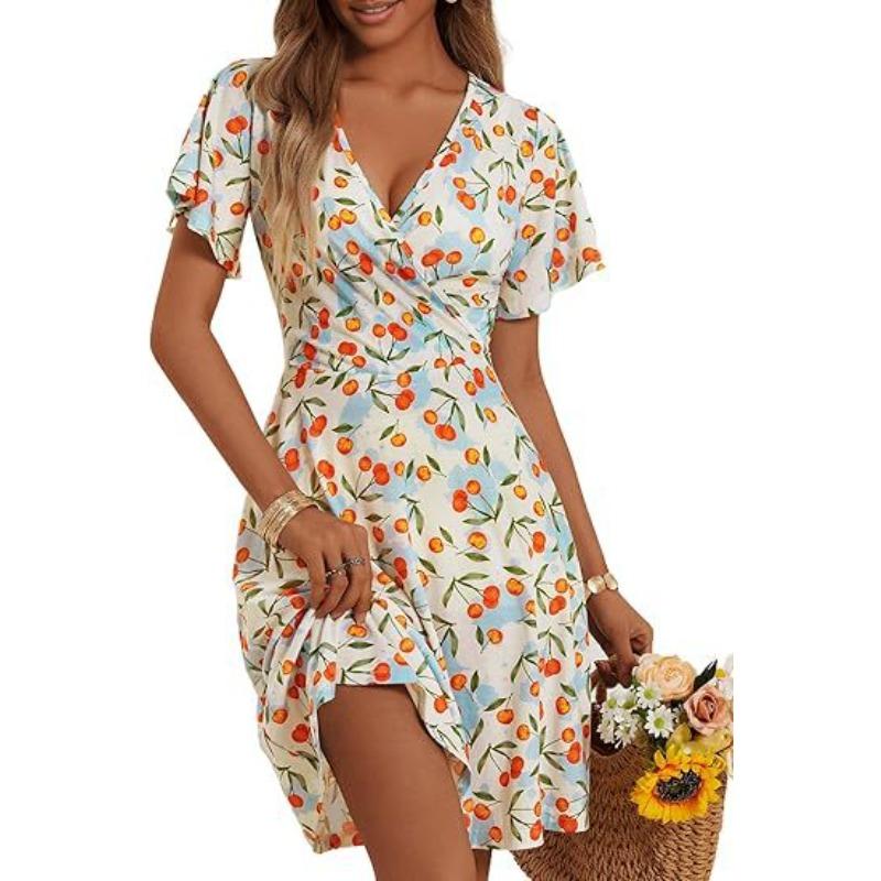 Popular, Summer Floral Short Sleeve Wrap V-Neck A Line Midi Dress