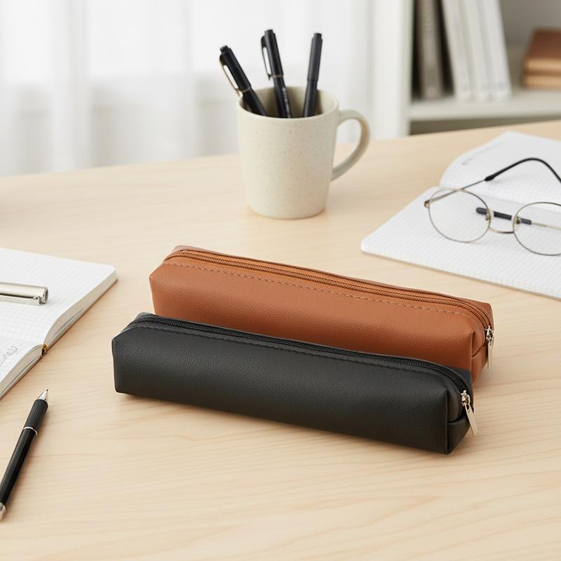 Leather Pencil Bag Simple Stationery Pen Case Storage Bag Zipper Pencil Pouch Glasses , Makeup Pouch, Back To School Supplies