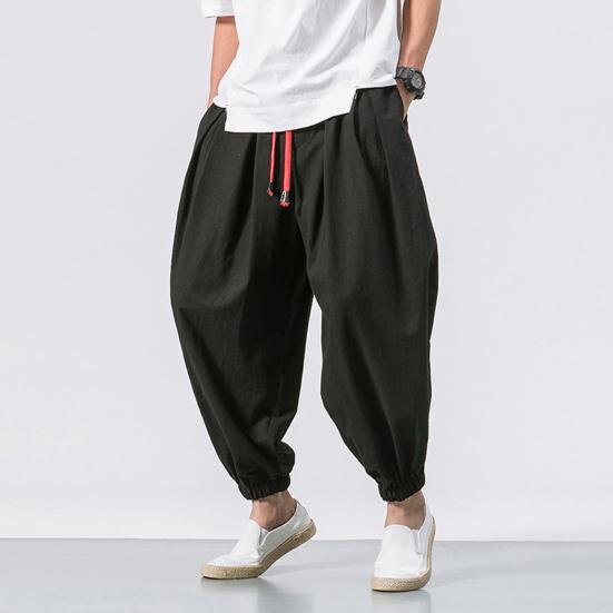 Men Harem Pants Drawstring Waist Baggy Drop Crotch Trousers Casual Loose Trousers with Elastic Fitted Ankles for Street Travel Daily Wear