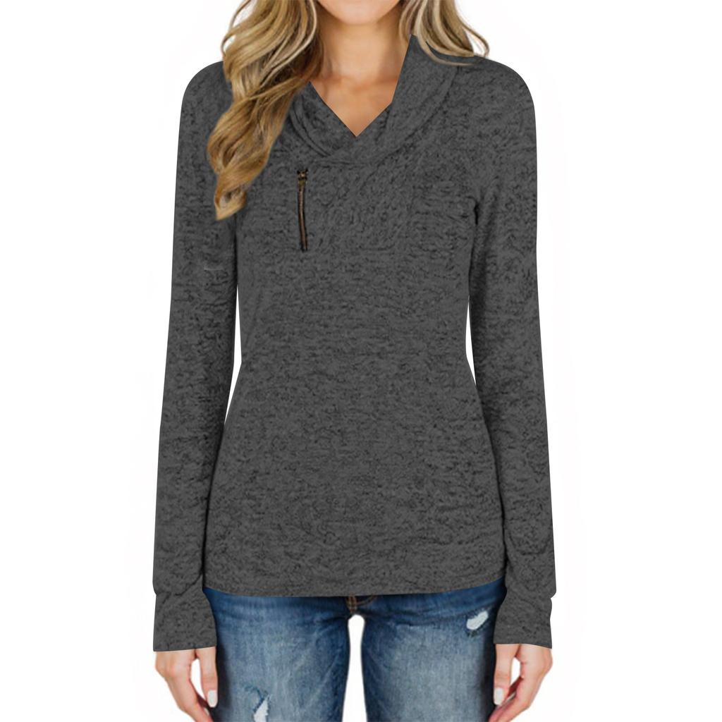 Women's solid color long sleeved pullover zipper women's top