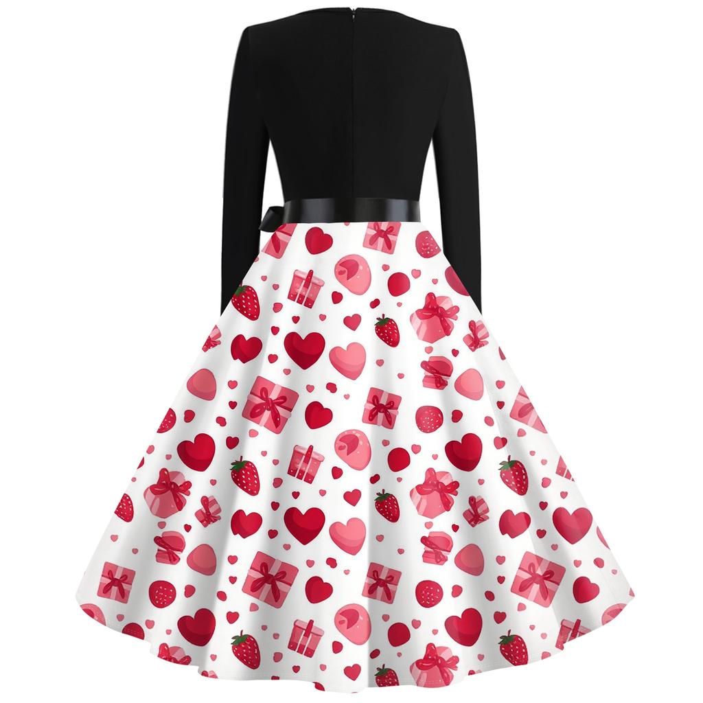 Print Flare Dress For Women Long Sleeve Dress Hollow Party Casual Dresses