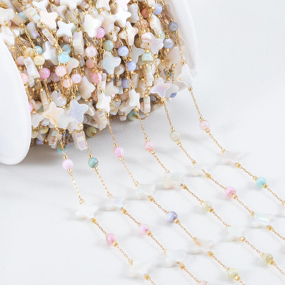 1Meter Stainless Steel Natural Shell Chains Colorful Heart Round Beaded Chains for DIY Necklace Bracelet Jewelry Making Supplies