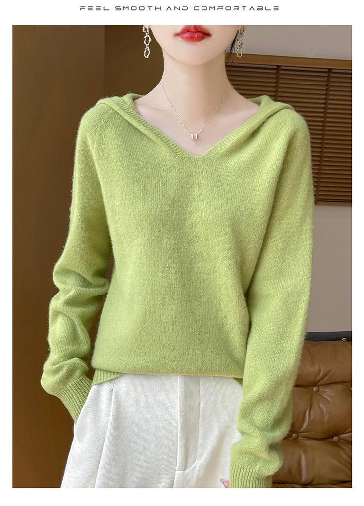 Damtröja med huva i ren australisk ull, tjock sju-gauge stickning, avslappnad ready-to-wear pullover