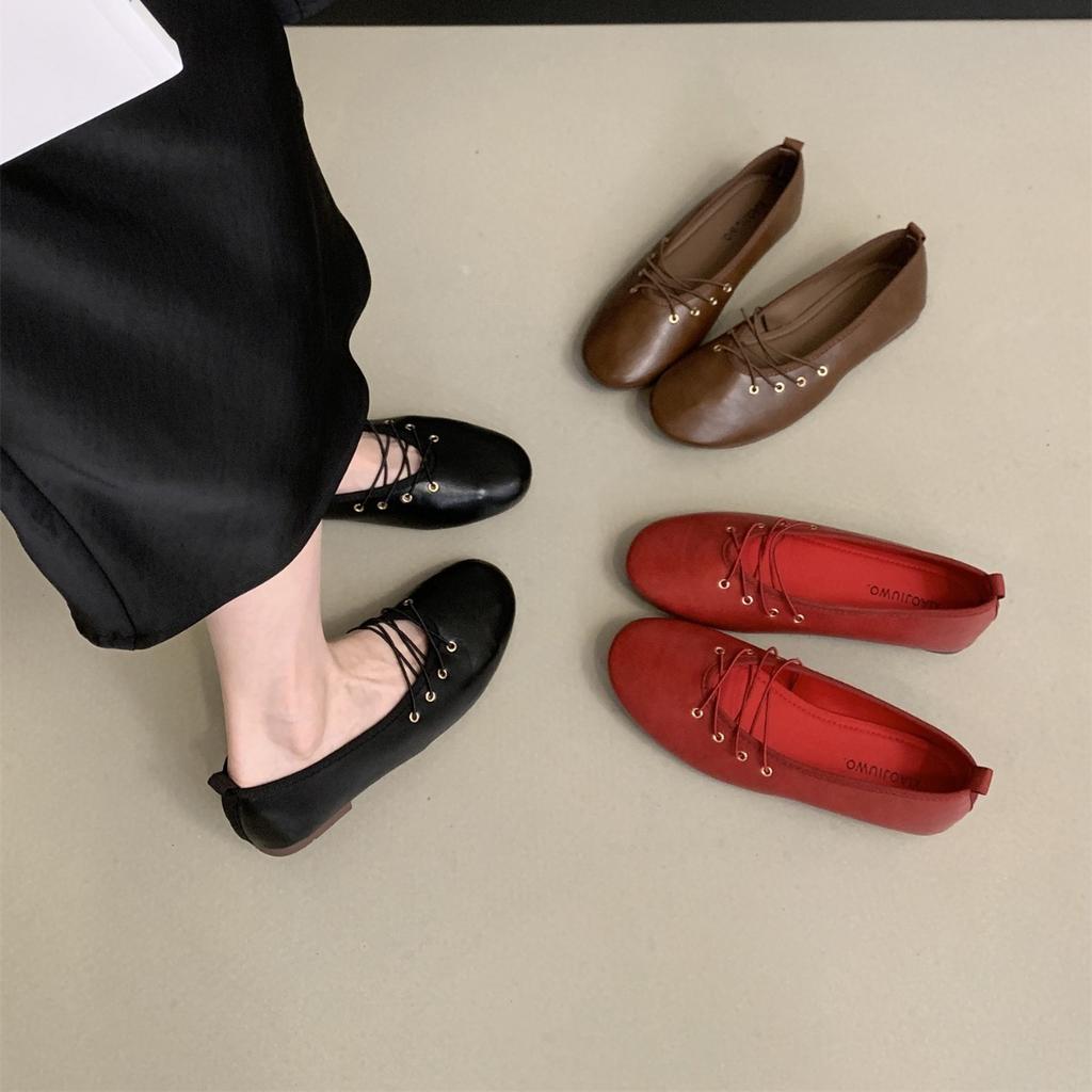 Retro Round Head Evening Soft Leather Ballet Single Shoes Women's Autumn 2025 One-pedal Gentle Pregnant Women Flat Grandma Shoes