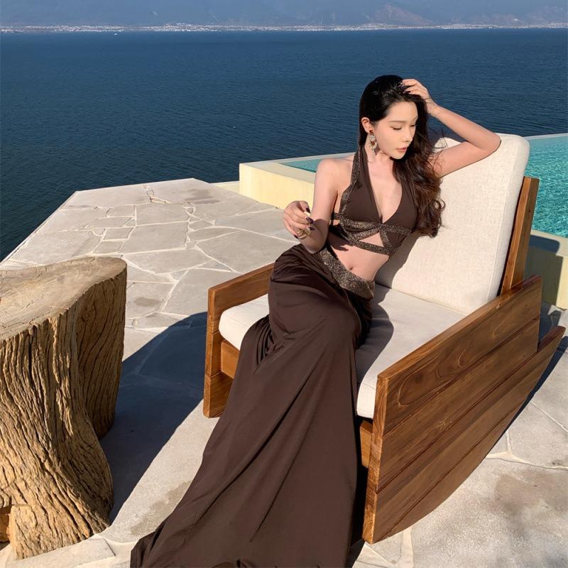 Travel Photo Wear Holiday Suit Long Dress Women s Sexy Tube Top Hip Skirt Two-piece Suit S темно-коричневого