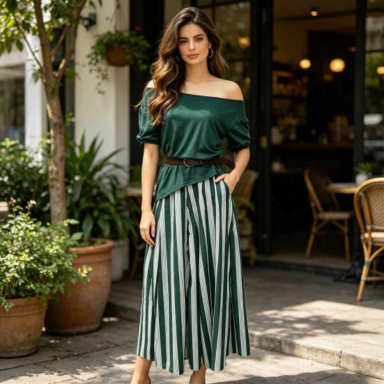 Women's Summer Vacation 2 Piece Skirt Sets Off Shoulder Short Sleeve Top And Striped Flowy Maxi Skirt Casual Travel Outfits with Belt