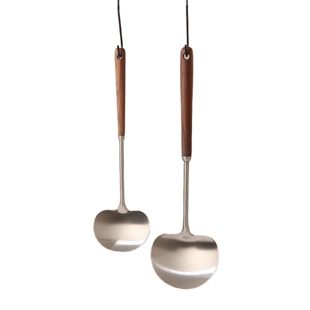 Stainless Steel Long Handle Mushroom Spatula and Soup Ladle Small Wood Color