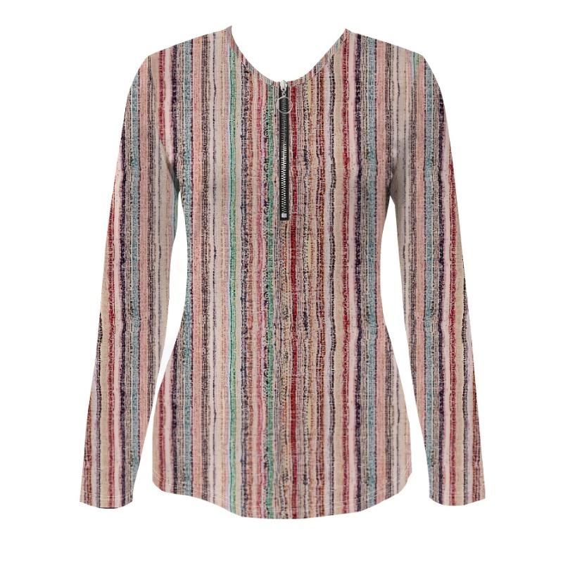 Retro Colorful Striped V-neck Zipper Top for Women, Versatile Slimming Long-sleeved Bottoming T-shirt