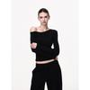 Black Long-sleeved Shirt Women's Spring One-word Shoulder Slim-fitting and Thin Bottoming Shirt Slanted Shoulder Short American Sexy Top