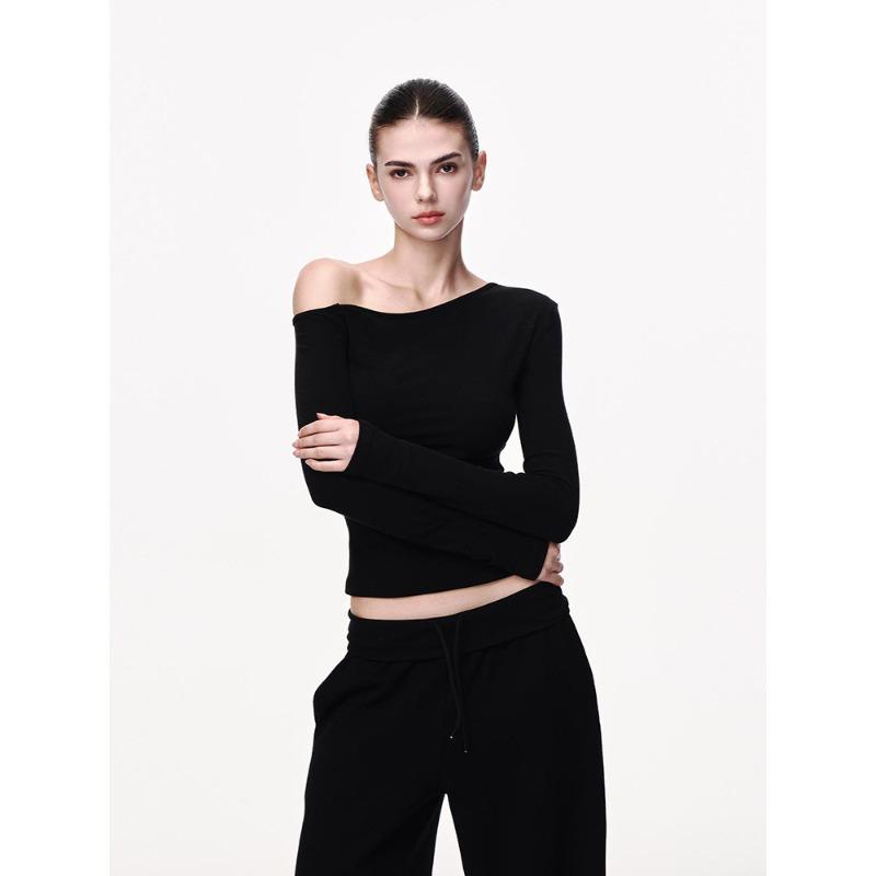Black Long-sleeved Shirt Women's Spring One-word Shoulder Slim-fitting and Thin Bottoming Shirt Slanted Shoulder Short American Sexy Top