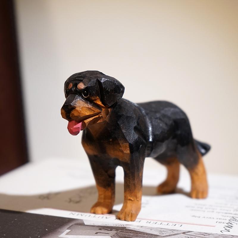 Rottweiler Dog Handmade Wood Carving Desk Ornaments Puppy Animal Table Decorations Things For Room Decoration Kawaii Figurine