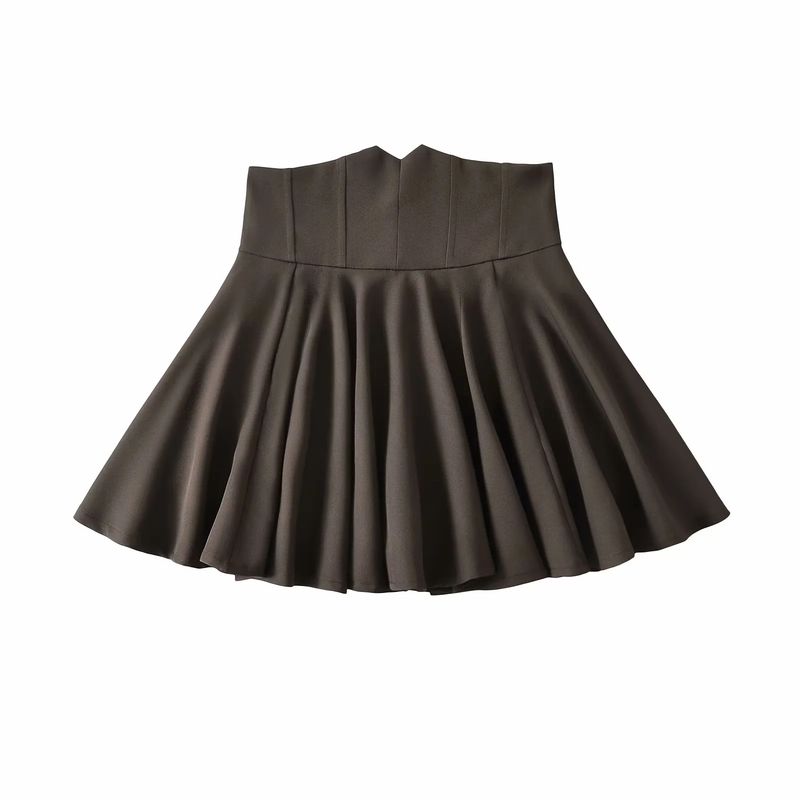 

Spring New Women s Clothing Preppy Style High Waist Fishbone Waist-Tight Slimming Anti-Emptied Short Pleated A- line Skirt Curry color L