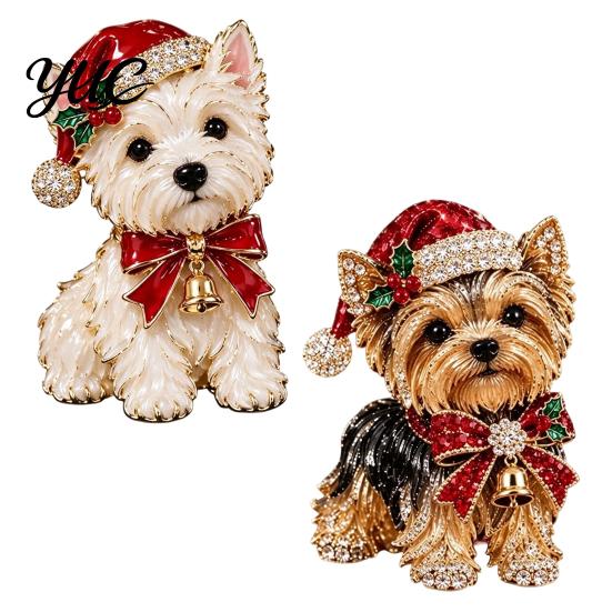 Holiday Party Accessory 1/2Pcs Christmas Yorkshire Terrier Dog Brooch, Santa Hat Puppy Lapel Pin with Rhinestones Rhinestones, Animal Badge for Coats