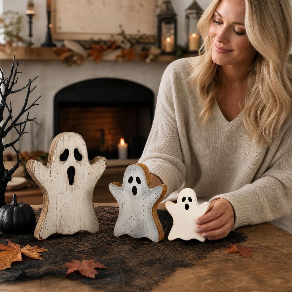 Cute Wooden Halloween Tabletop Decor in and Cream Color for Shelf Display