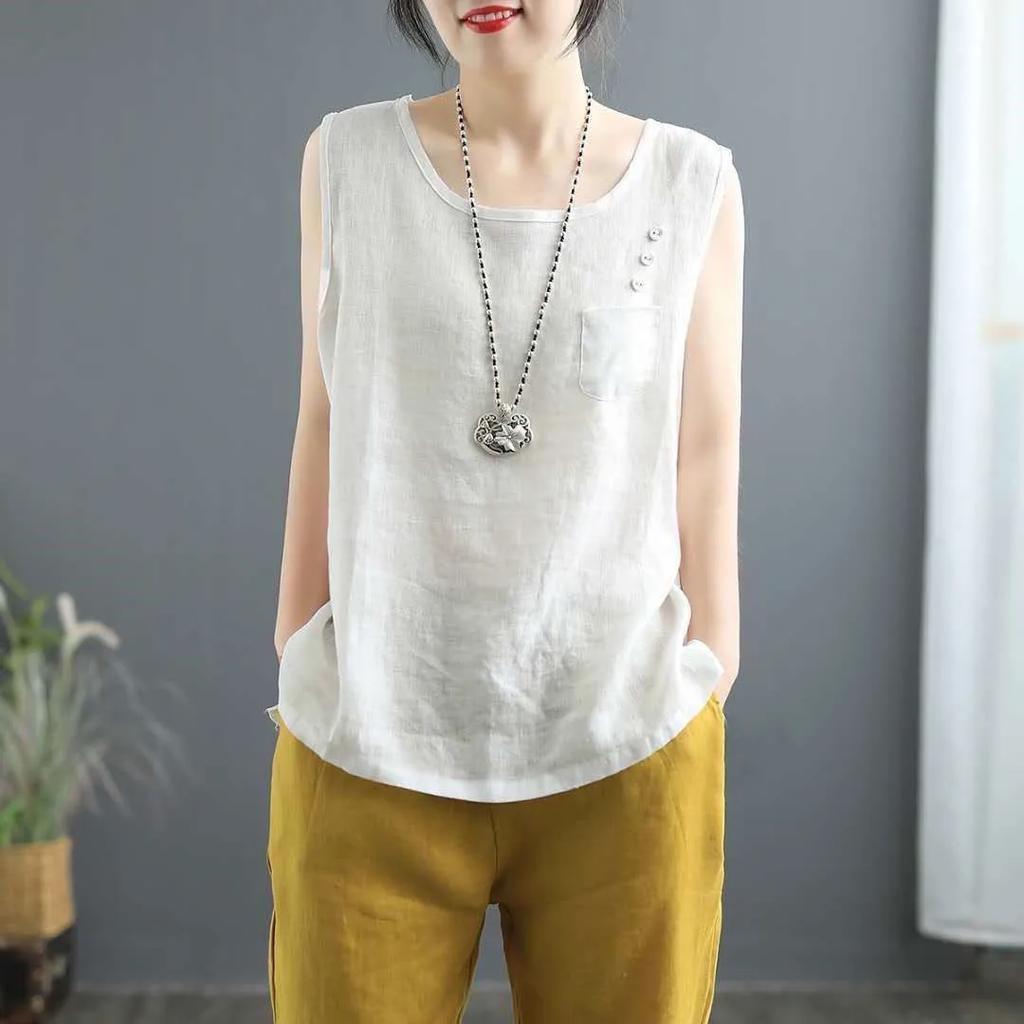 Women's Summer Solid Color Simple Literary Vest Sleeveless Round Neck Splicing Top
