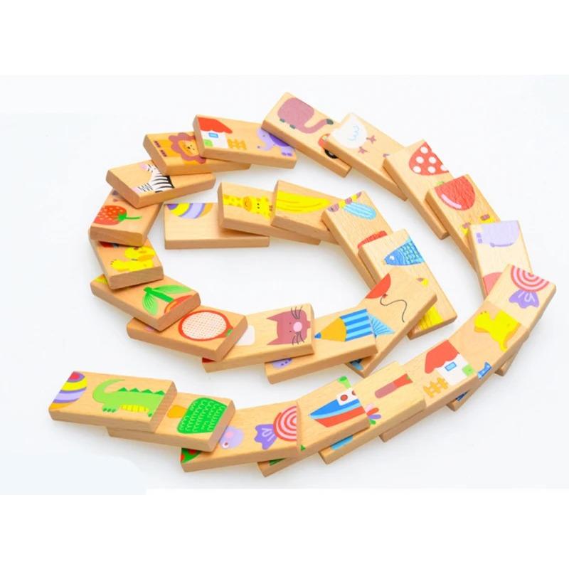 28PCS Wooden Domino Toys Early Learning Wooden Animal Domino Toys Set Shape Sorting Order Learning Educational Toys for Children