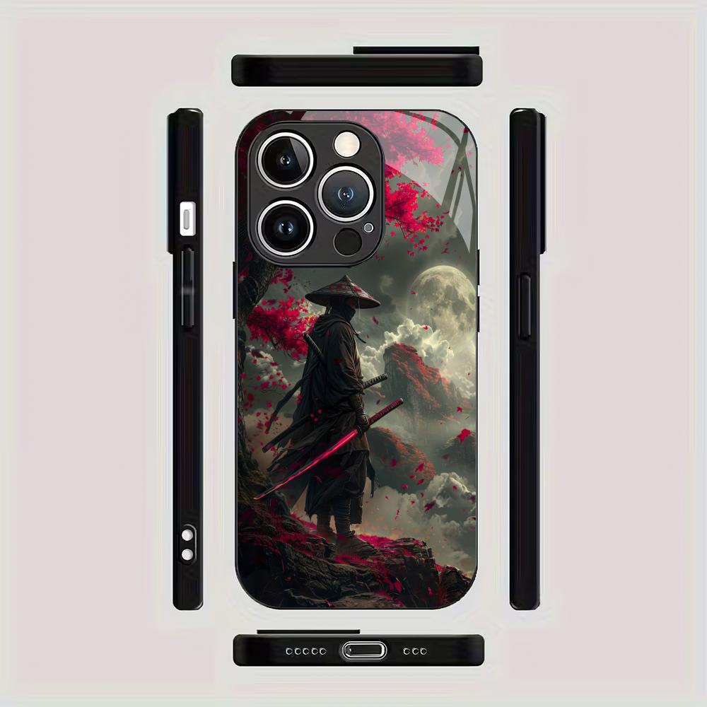 Sakura Warrior Muster gehärtetes Glas Handyhülle geeignet für iPhone 17 16 15 14 13 12 11 Pro/Max/Plus sturzsichere Rückabdeckung