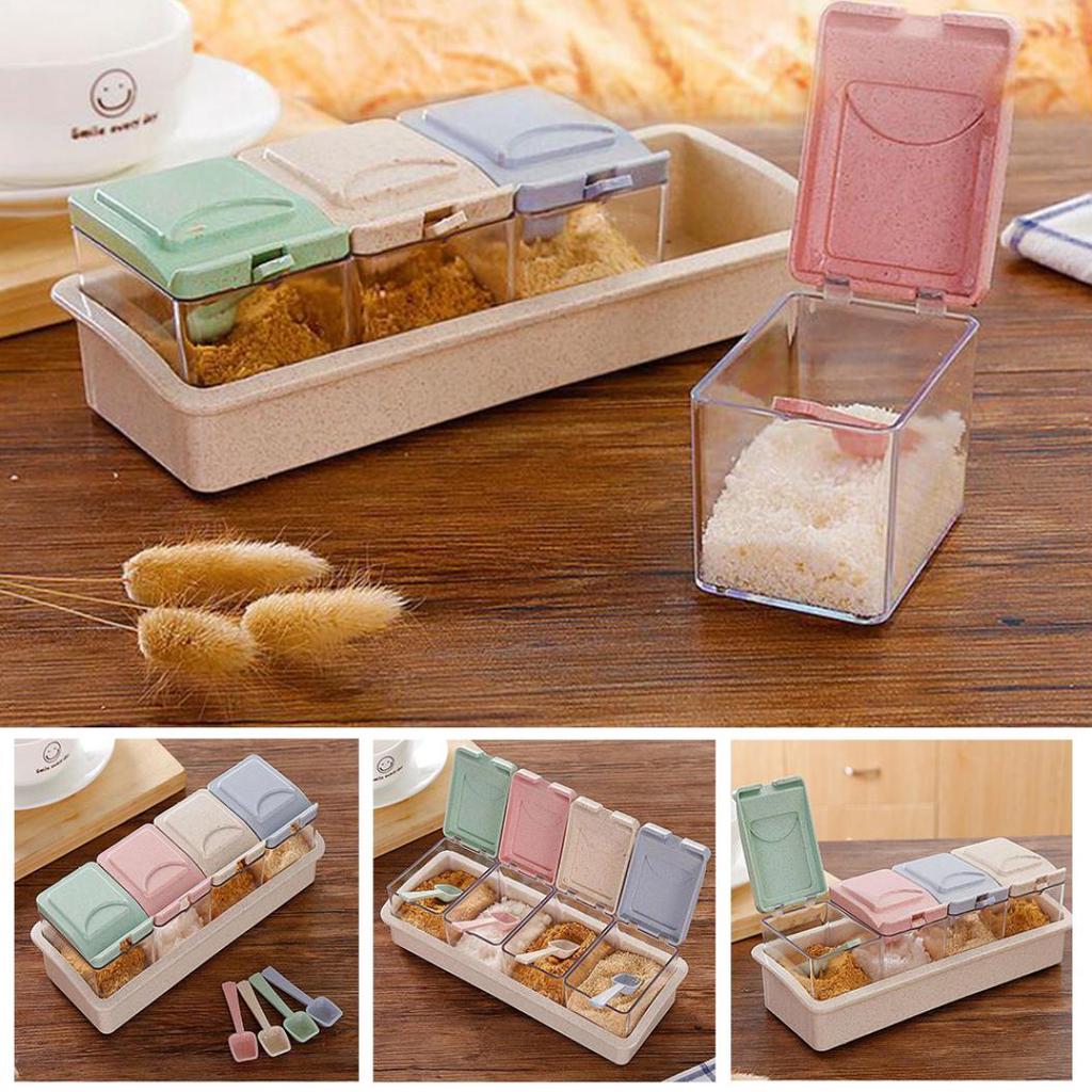 Kitchen Storage Box 4 Grids Separable Transparent Sugar Spice Seasoning Jar CL Kitchen Storage Box 4 Grids Separable Transparent Sugar Spice Seasoning Jar CL