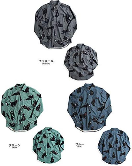 Quintet Black Cat Print Long Sleeve Made in Size White Men's Shirt, Casual, Japan, XL, (Product Code 01-78737)