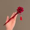 Vintage Red Rose Ancient Chinese Hairpin Tassel Red Hair Forks With Fan Hair Pins Hanfu Dress