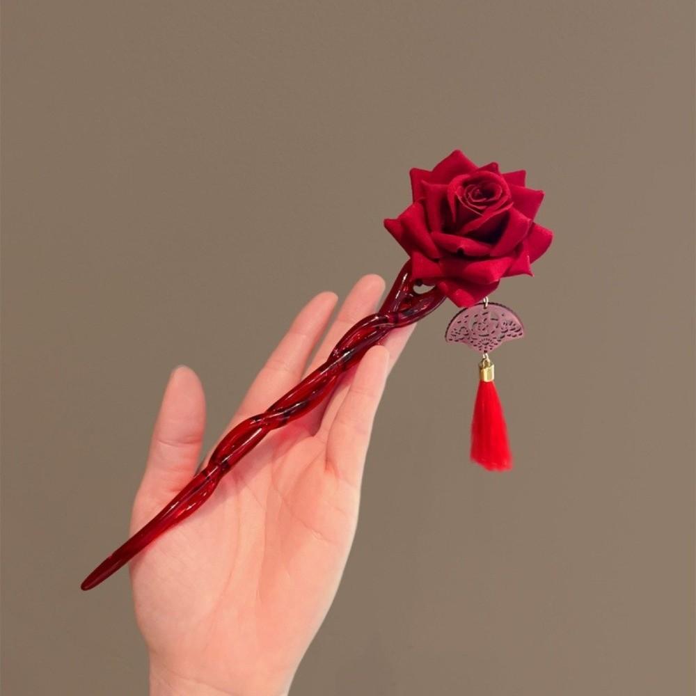 Retro Red Rose Ancient Chinese Hairpin Tassel With Fan Hair Forks Red Hair Stick Hair Accessories
