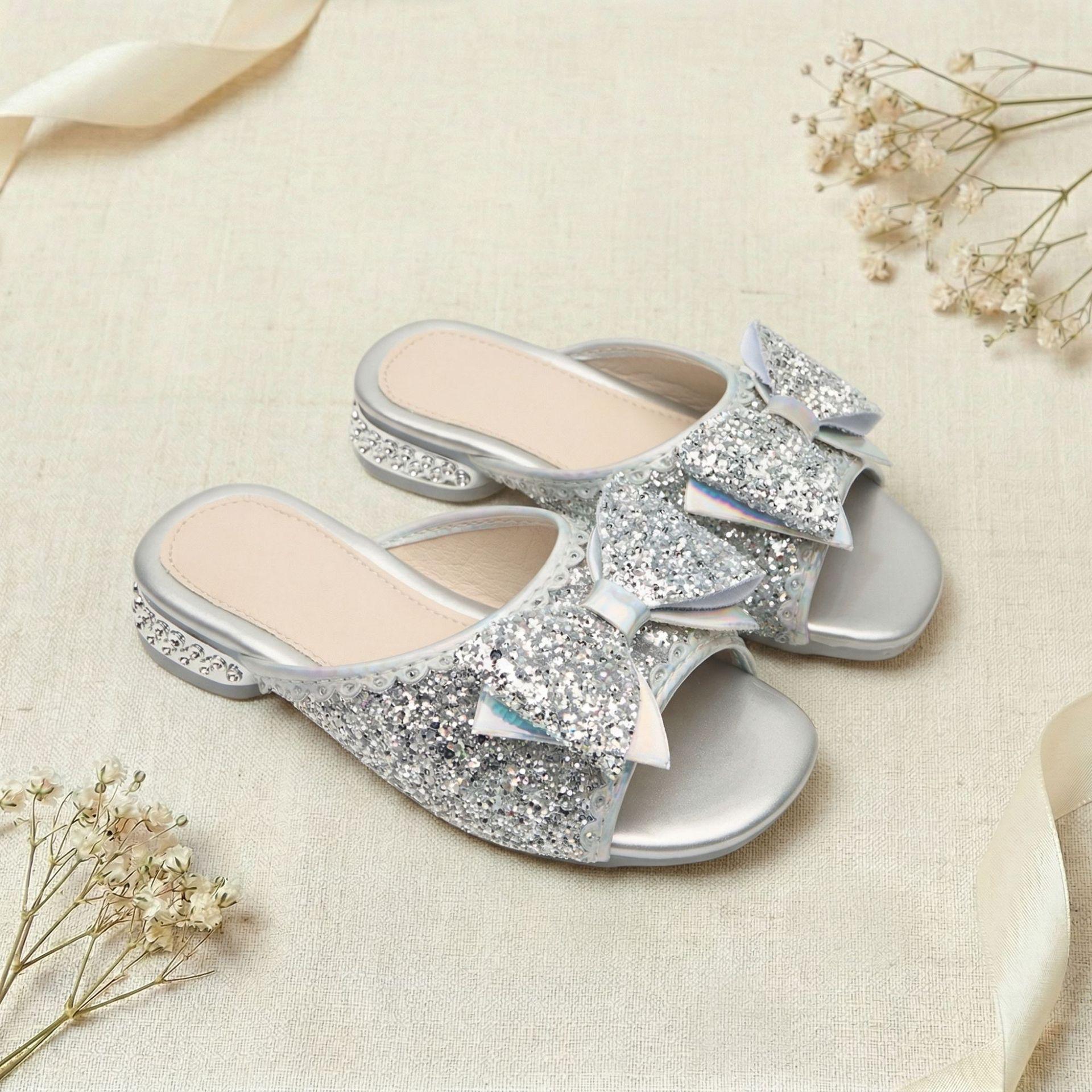 2026 Girls Princess Style Low-Heel Sequined Bow Sandals 31 серебряный