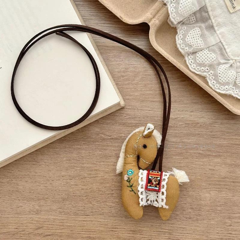 Cute Handmade Embroidery Pony Necklace Soft Fabric Horse Pendant Sweater Chain for Women Daily Outfit Jewelry Gift