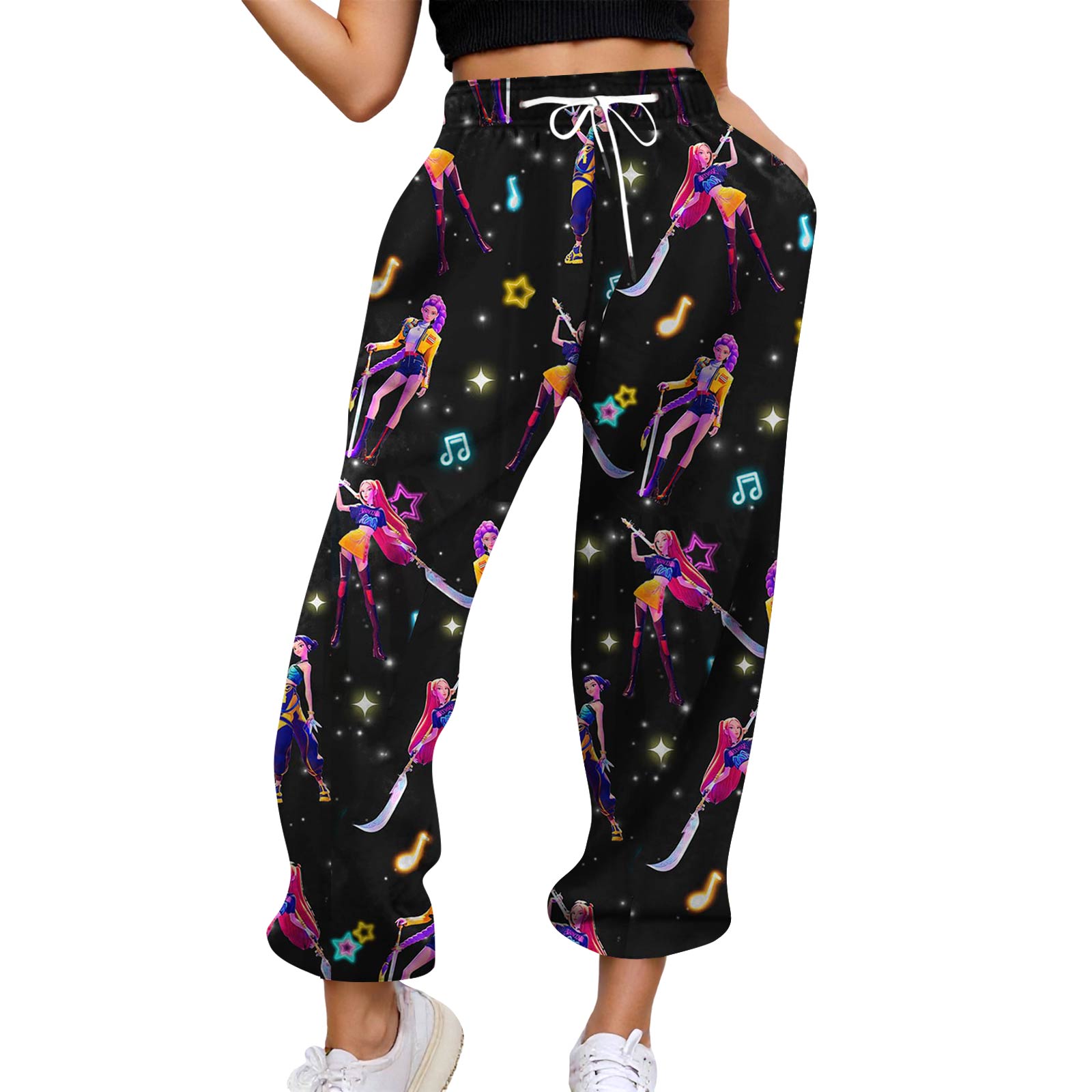 

Women s Casual Fashion Print Casual Drawstring Elasticated Waist Drawstring Pants L чёрный