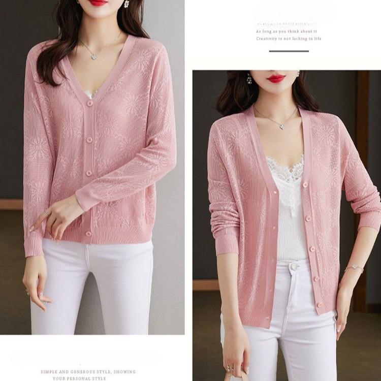 Letní dámská ledová hedvábná pletenina krém na opalování volný pletený kardigan tenká pletená bunda s výstřihem