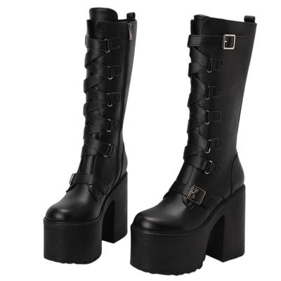 Bottes montantes à plateforme Femme Automne Hiver Punk Talons hauts Fermeture éclair Noir Blanc Botte Sexy Boucle Fête Chaussures Goth Grande Taille