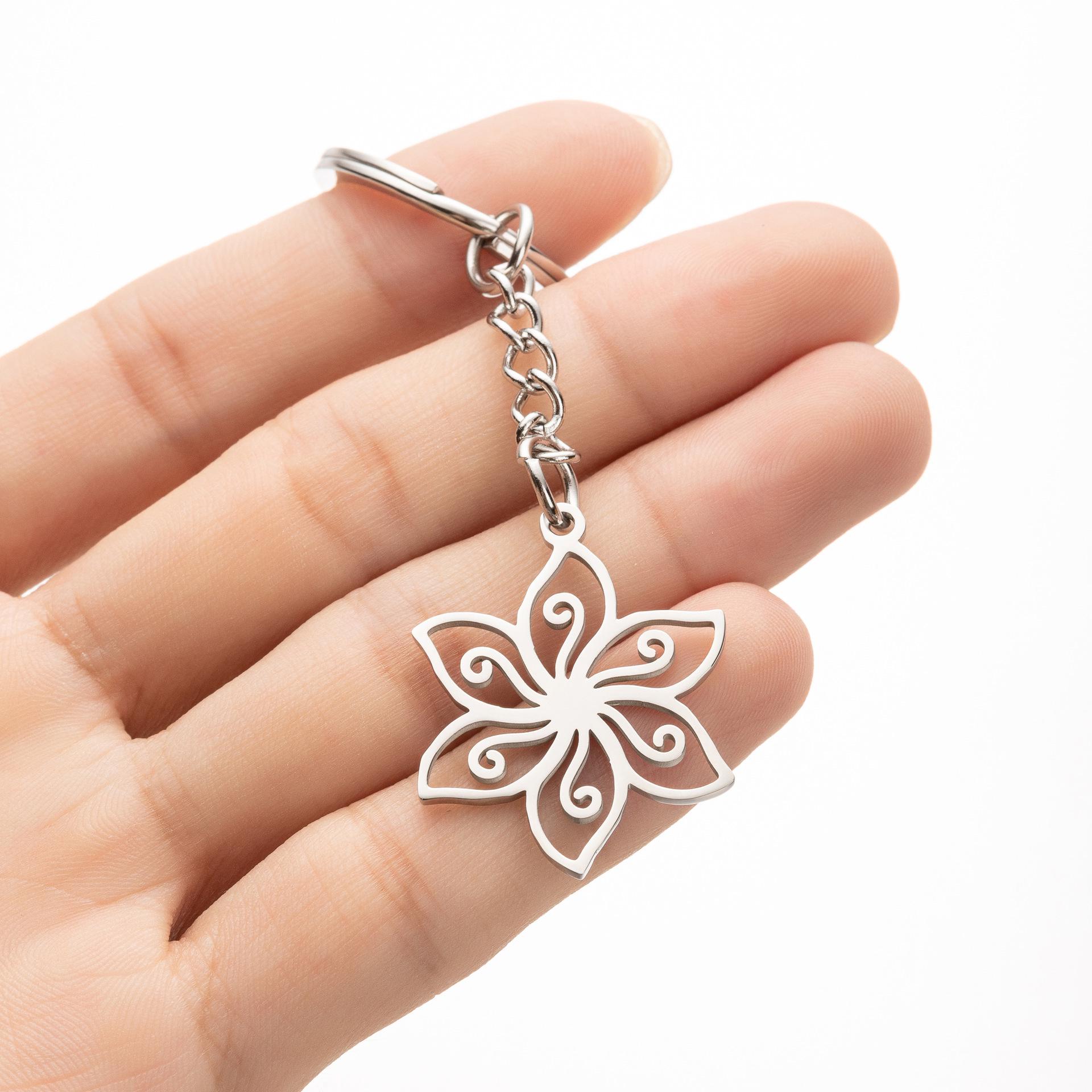 Stainless Steel Hollow Flower Pendant Keychain for Women