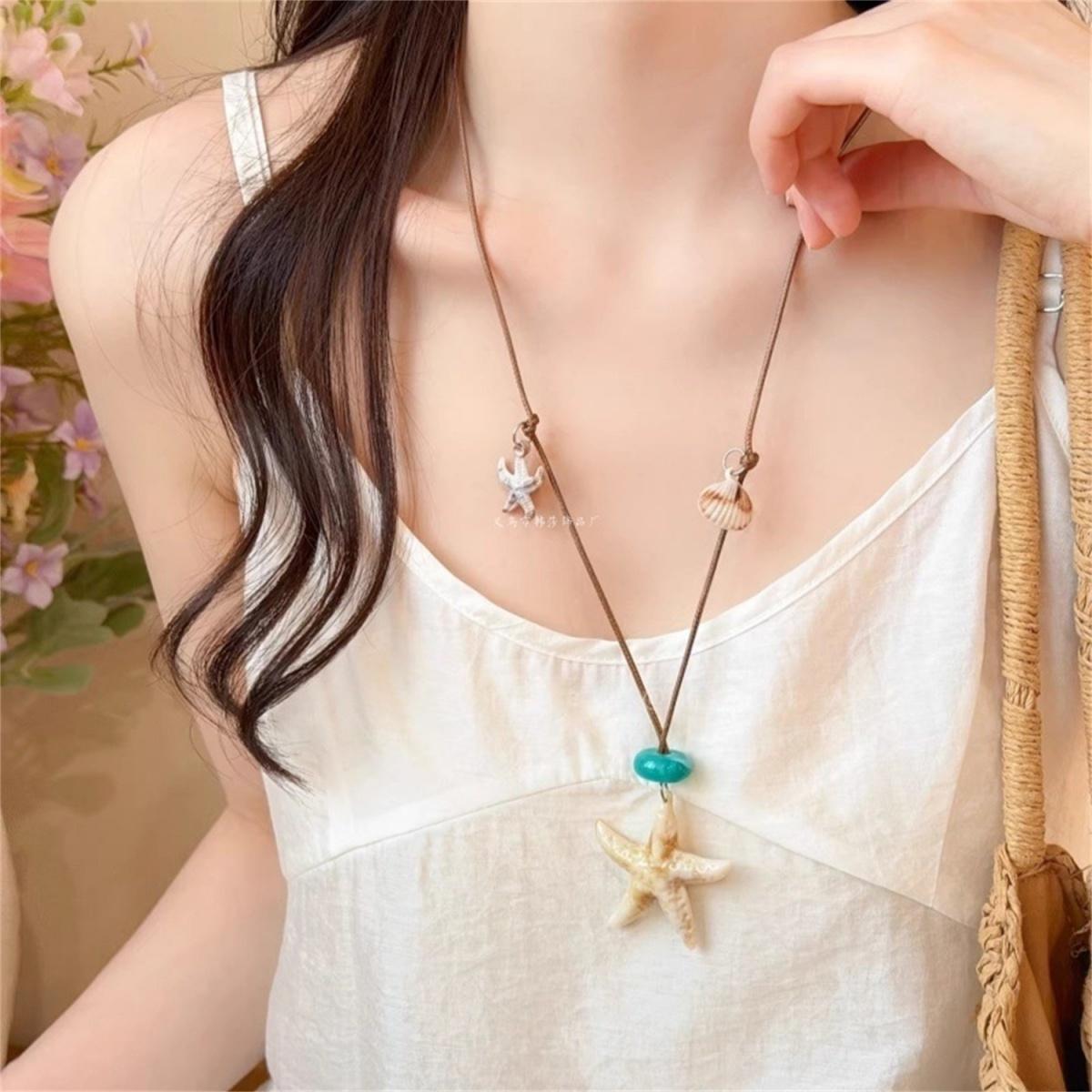 

Bohemian Resin Starfish Shell Pendant Long Chain Necklace For Women Men Fashion Spiral Conch Choker Summer Ocean Beach Zircon