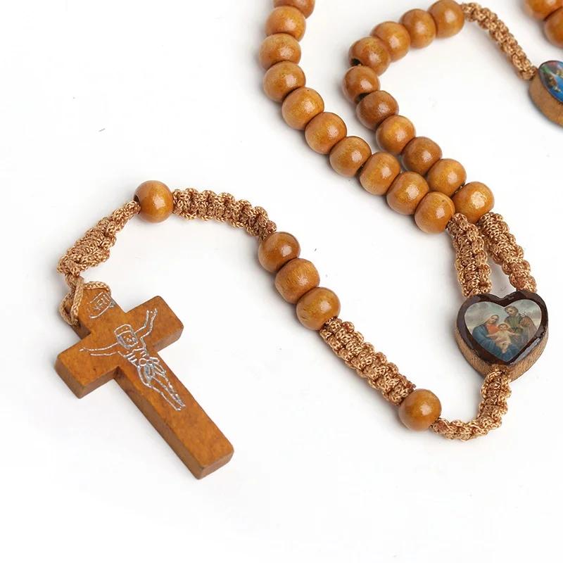Wooden Beads Cord Rosary St Benedict Medal Jesus Cross Car Pendant Necklace Catholic Fashion Religious Jewelry Auto Decor