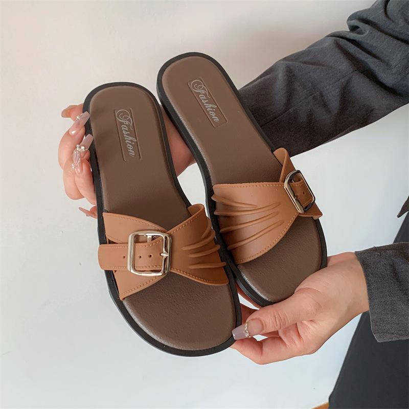 

Women s Square-Toe Buckle Slide Sandals Faux Leather Flat Casual Slippers 41 хакі
