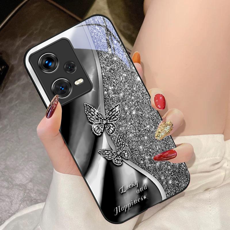 Golden Butterfly For Xiaomi 14 Ultra 13 Lite Redmi Note 13 11 Pro 12 Plus Poco X6 3 Pro F4 6 GT Tempered Glass Phone Case